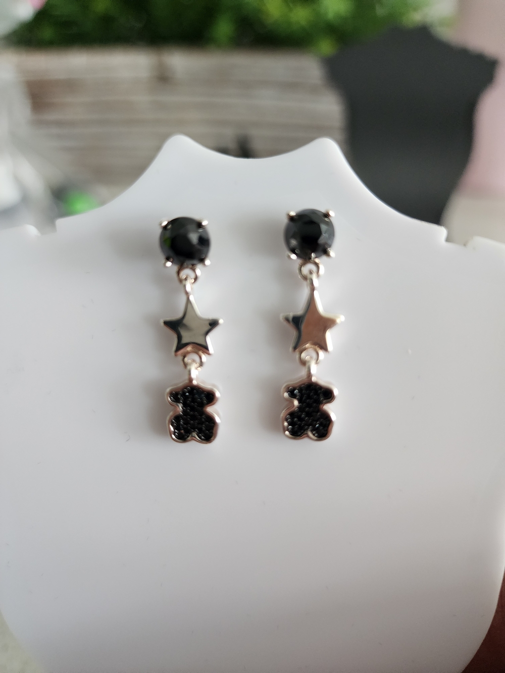 Tous Black Crystal Star & Teddy Drop Earrings in Silver Tone